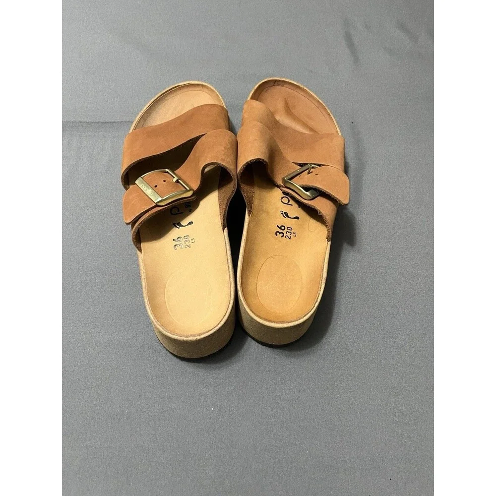 Papillio by Birkenstock Women's Brown Leather Buckle Slide Wedge EU 36